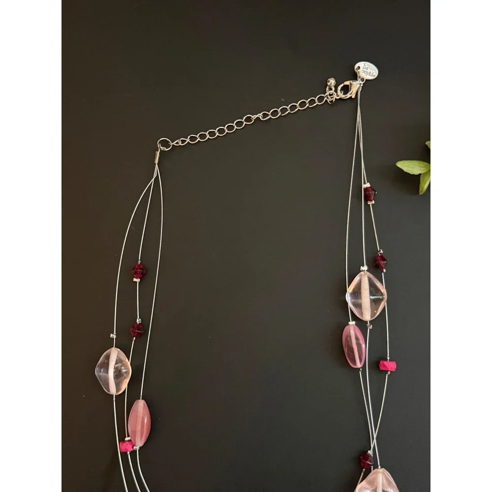 Lia Sophia Pink Burgundy Triple Strand Illusion Necklace Silver Tone 16-19 Inch